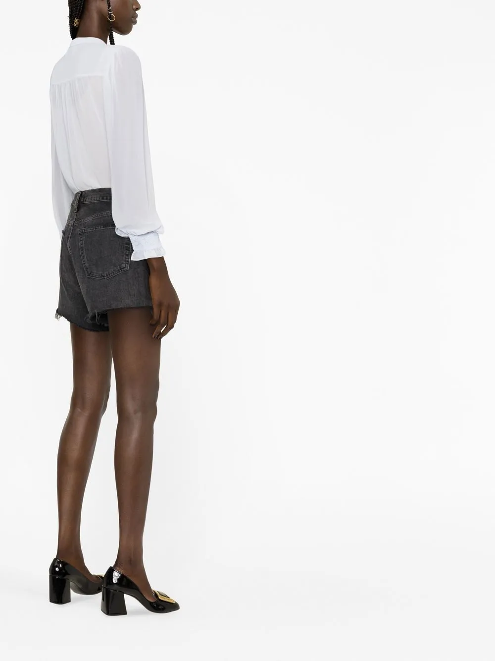 Self-portrait Self Tie Neck Lace Panel Long Sleeve Chiffon Blouse In Blue