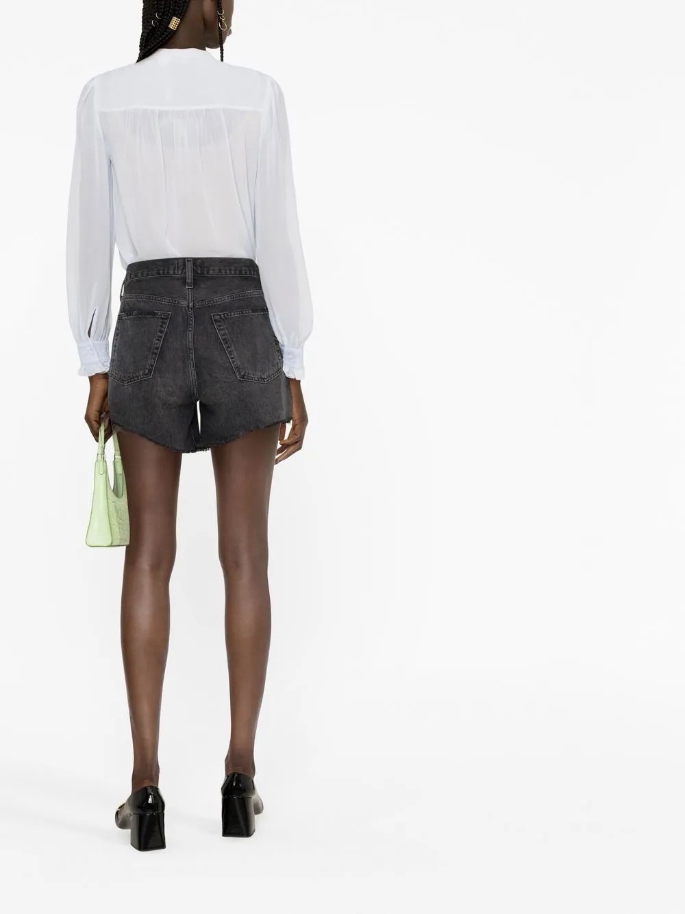 Self-portrait Self Tie Neck Lace Panel Long Sleeve Chiffon Blouse In Blue