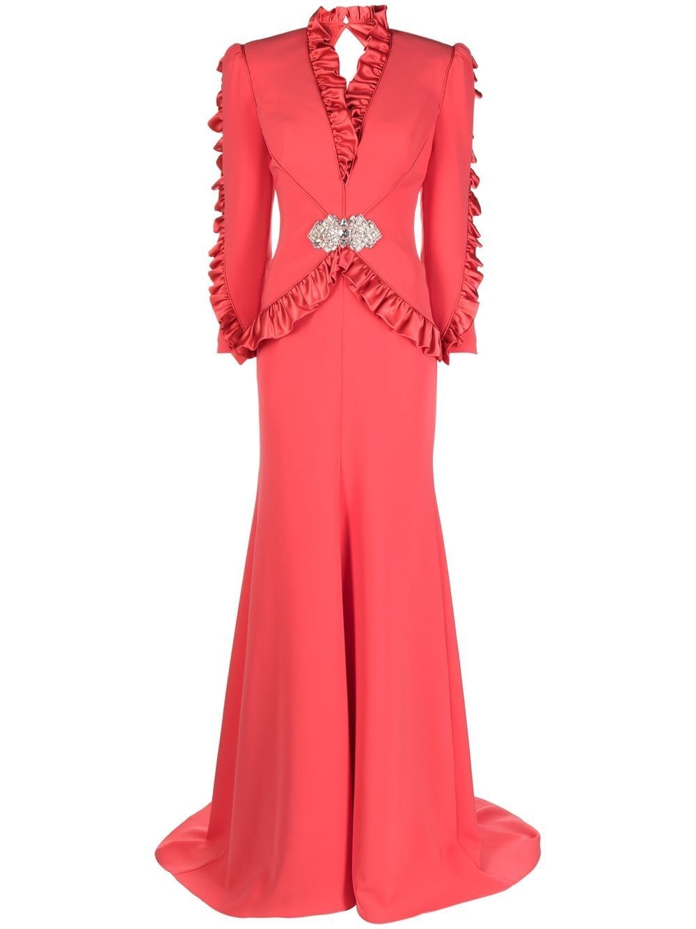 jenny packham genevieve ruffle-trimmed long-sleeve gown - red