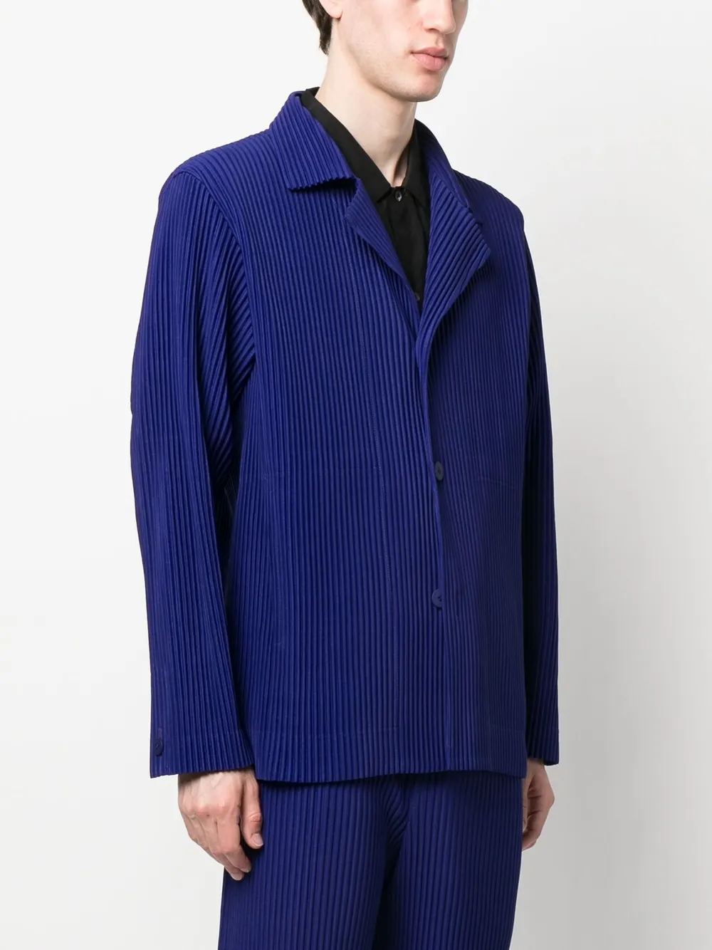 Shop Issey Miyake Off-centre Fastening Fully-pleated Jacket In Blue