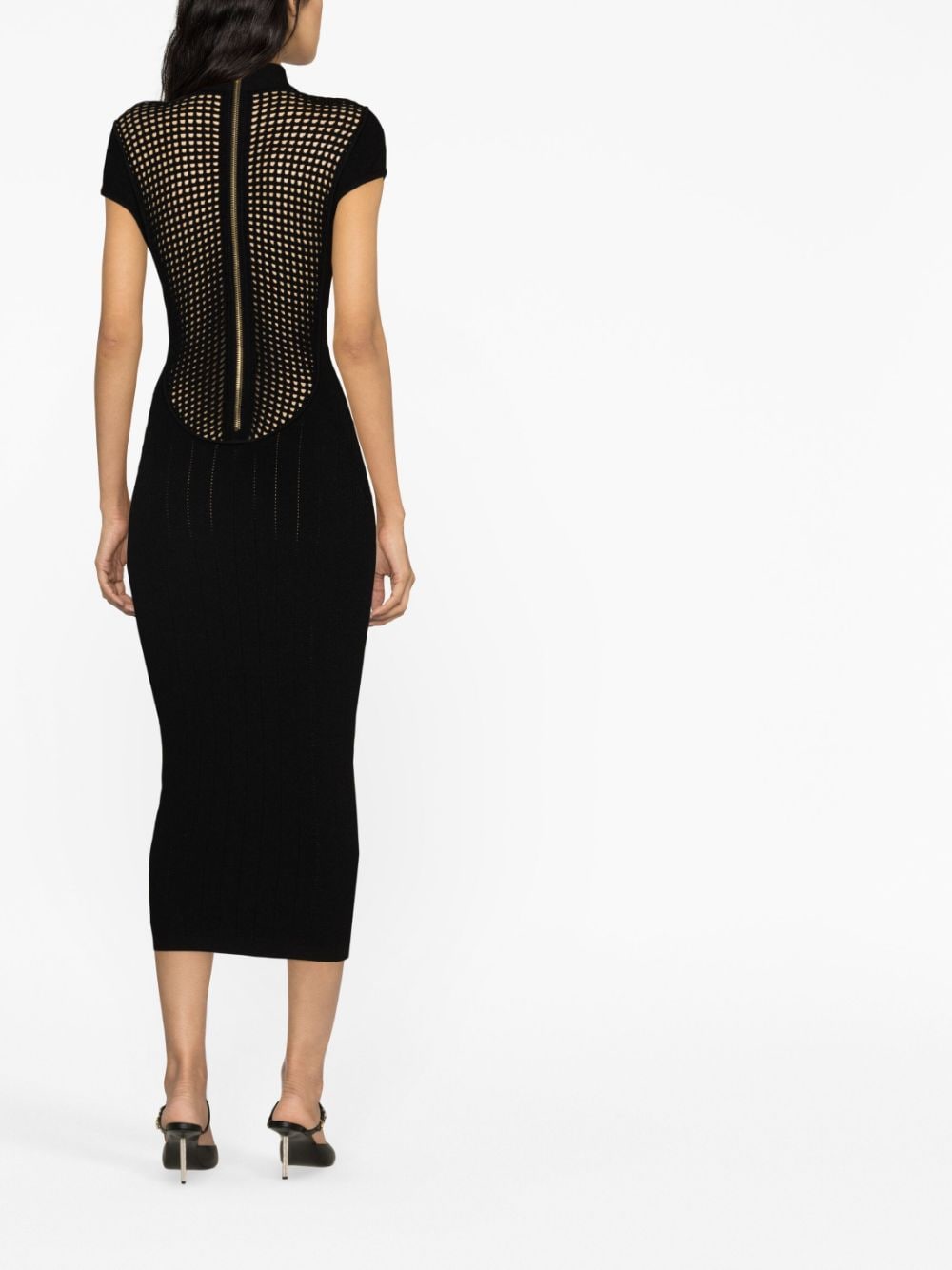 Shop Balmain Button-embellished Cutout Open-knit Midi Dress In Black