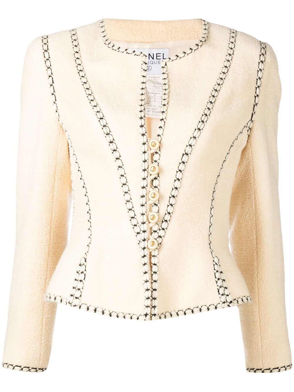 Pre-owned Chanel 1993 Contrast-stitching Collarless Jacket In Neutrals