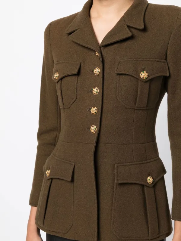 CHANEL Pre-Owned notched-collar Wool Jacket Brown FARFETCH JO