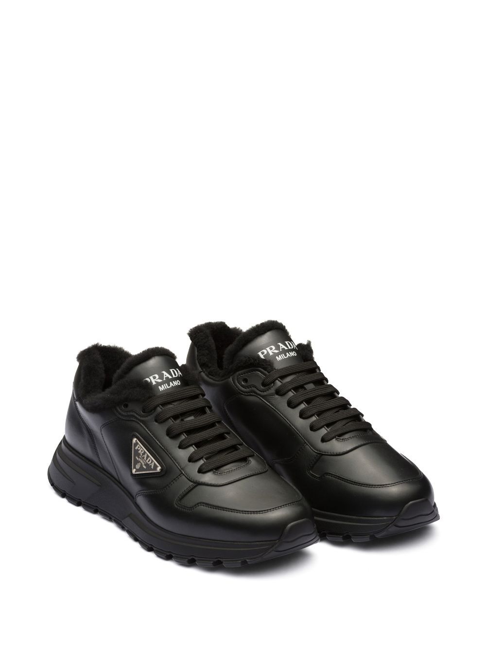 Shop Prada Logo Leather Sneakers In Black