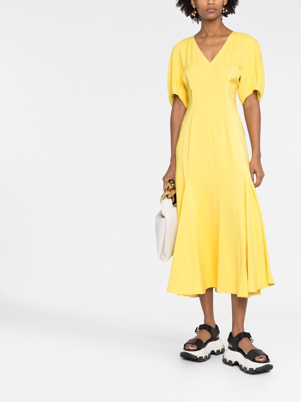 Shop Marni V-neck Flared Midi Dress In Yellow