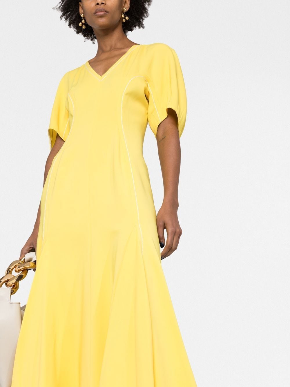 Shop Marni V-neck Flared Midi Dress In Yellow