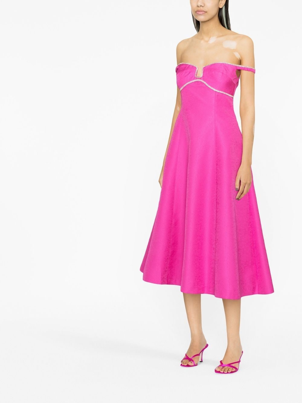 Shop Self-portrait Off-shoulder Flared Midi Dress In Pink
