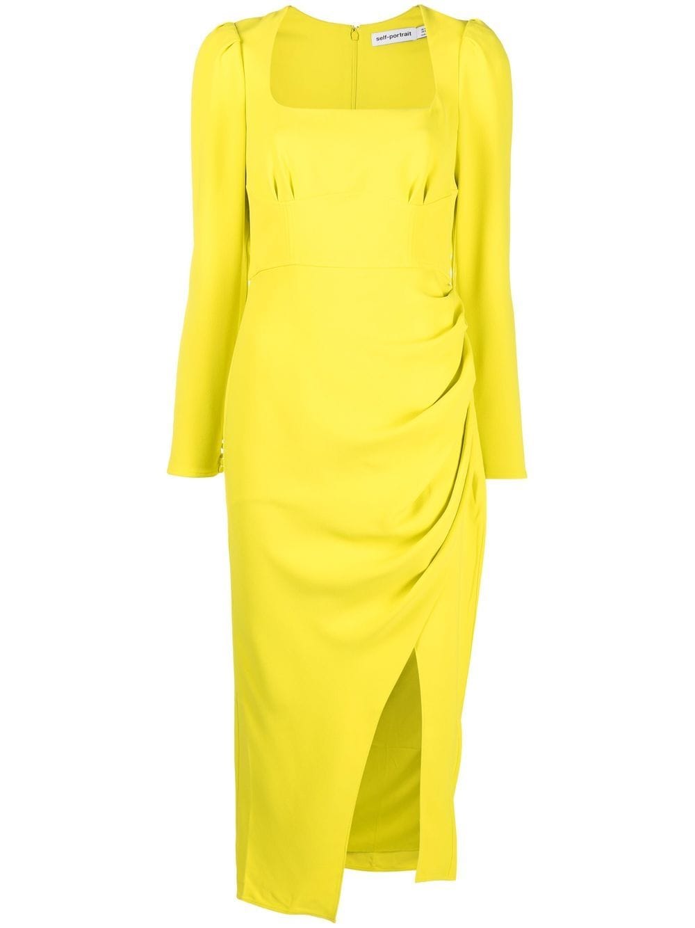 Self-portrait Yellow Crepe Ruched Midi Dress In Lime Green