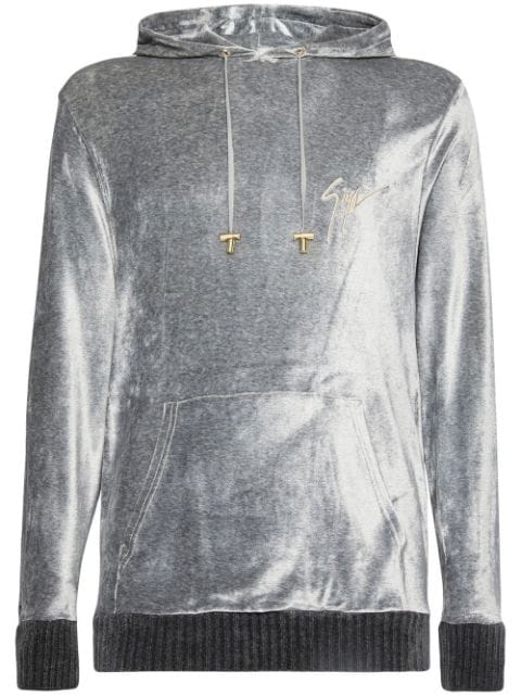 embroidered-logo velvet hoodie 