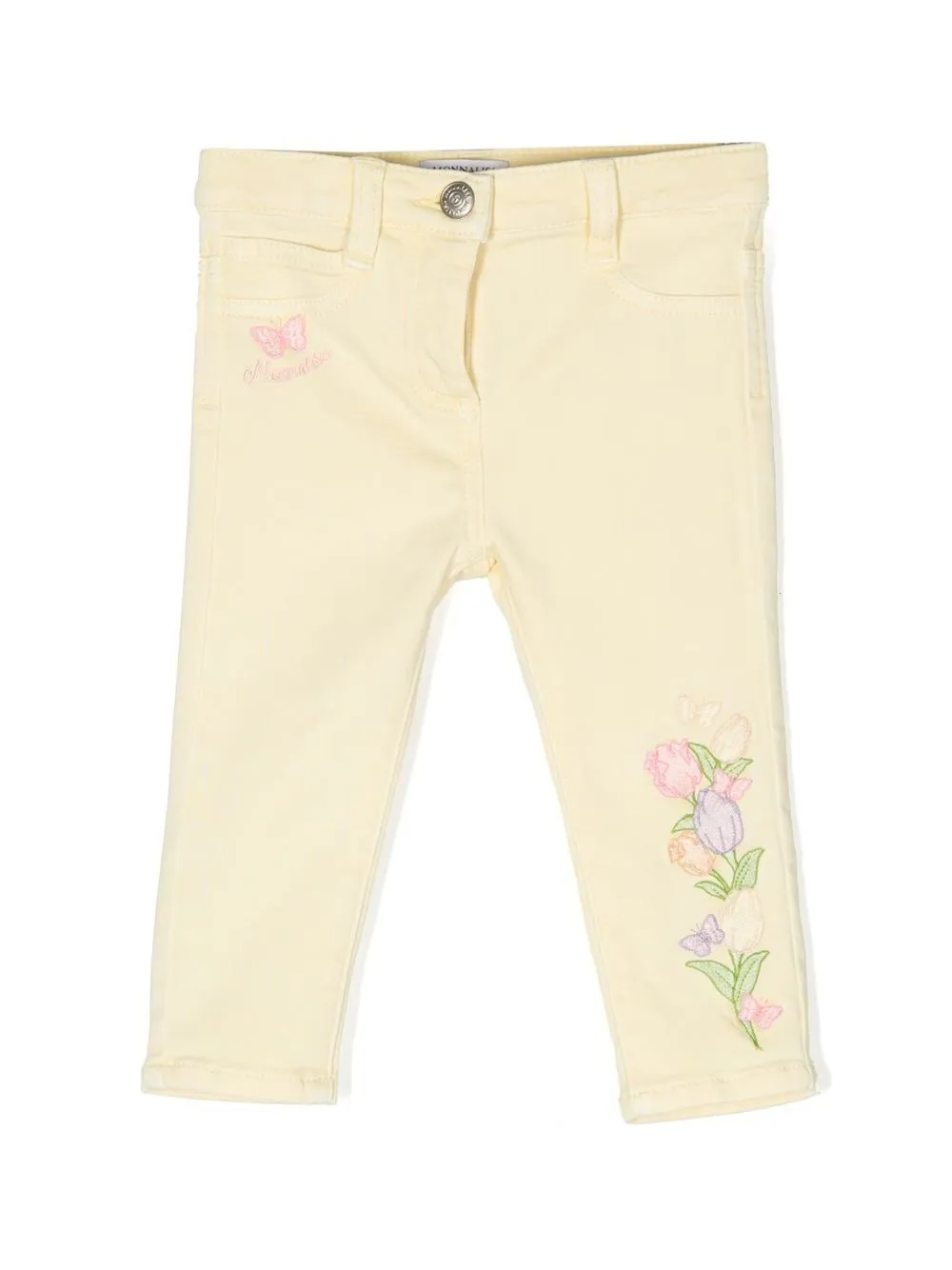 Monnalisa Babies' Floral-embroidered Five-pocket Trousers In Yellow