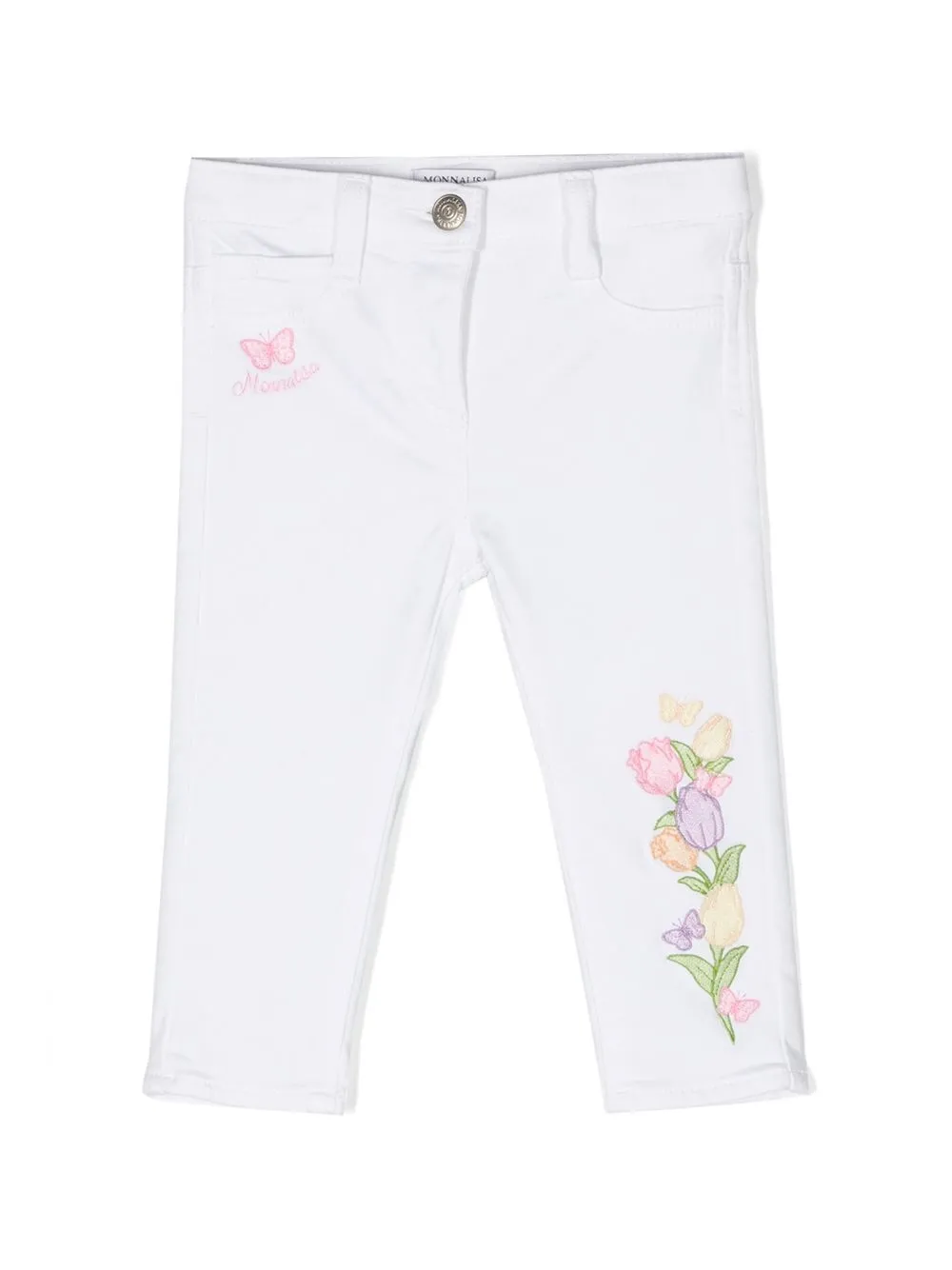 

Monnalisa floral-embroidered five-pocket trousers - White