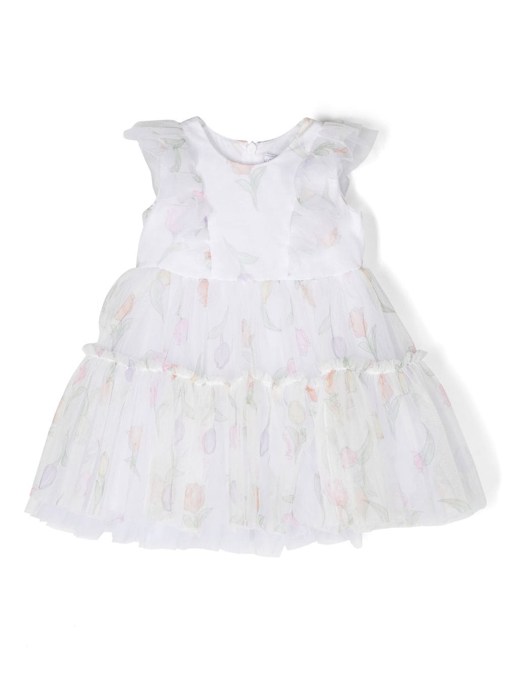 Monnalisa Babies' Floral-print Tulle Dress In White