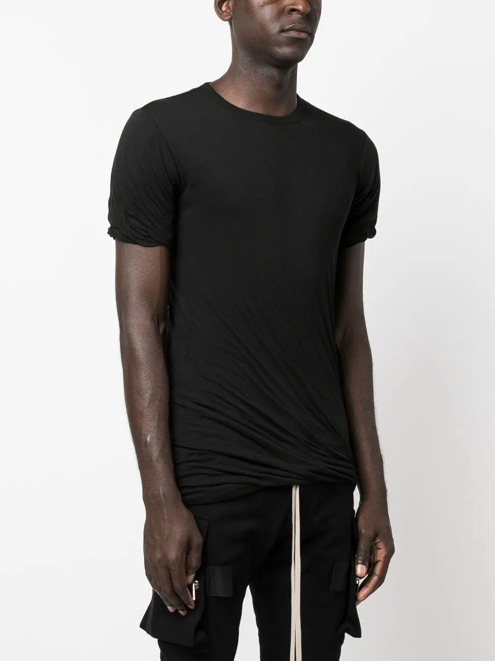 Rick Owens Double Ss Cotton T-shirt Draped Effect In Black