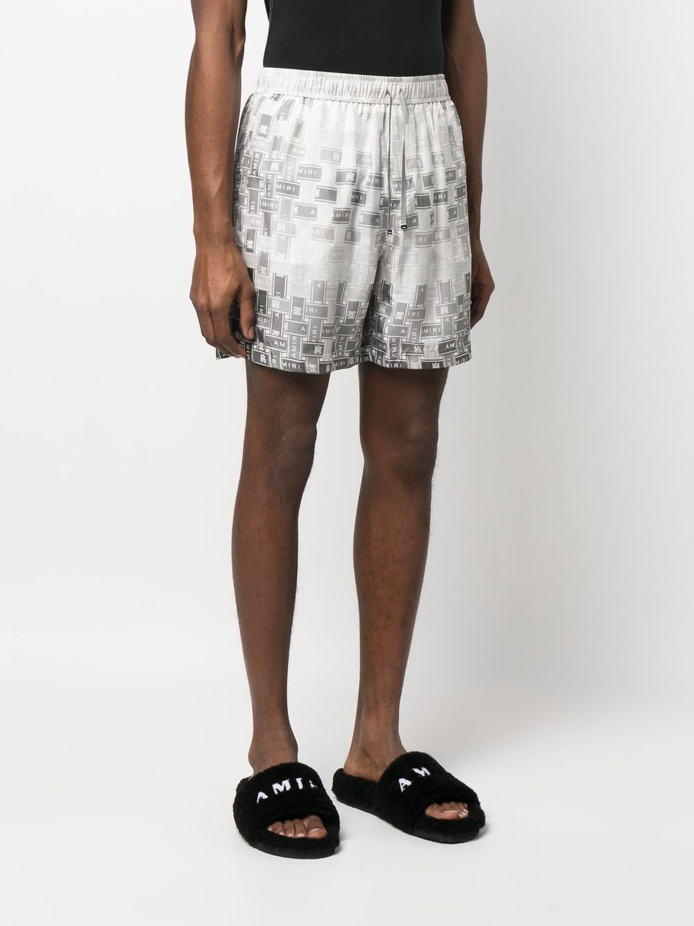 Shop Amiri Pattern-logo-printed Silk Shorts In Grey