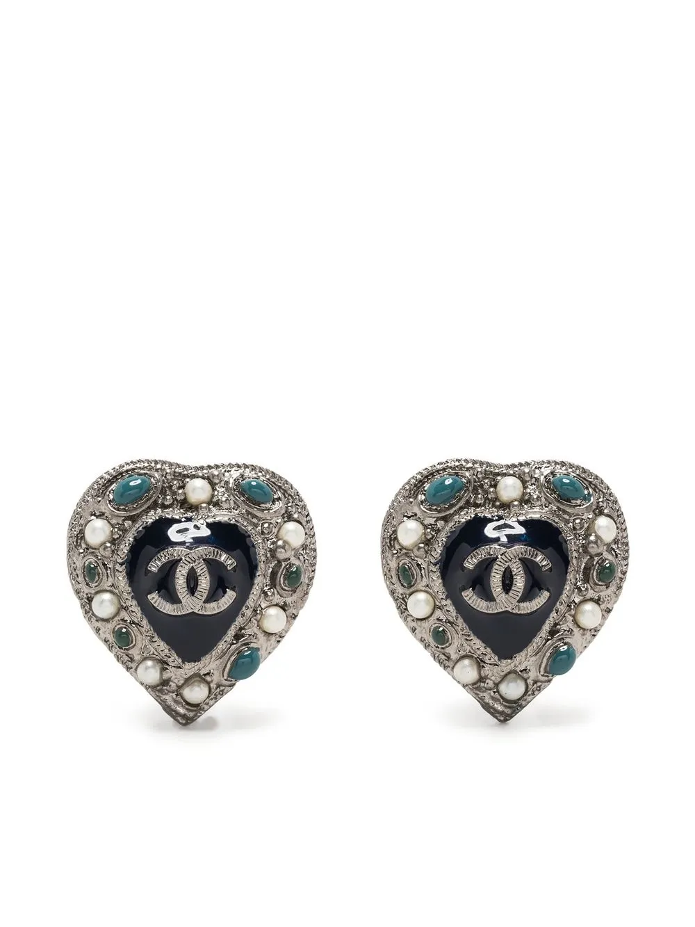 

Chanel Pre-Owned 2011 stone-embellished heart logo clip-on earrings - Silver