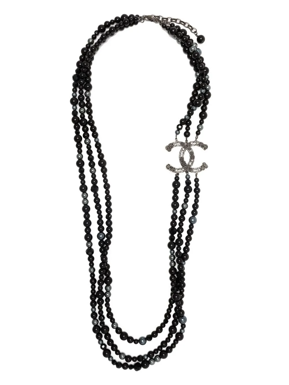 Chanel CC Black Faux Pearl Long Bead Strand Necklace 