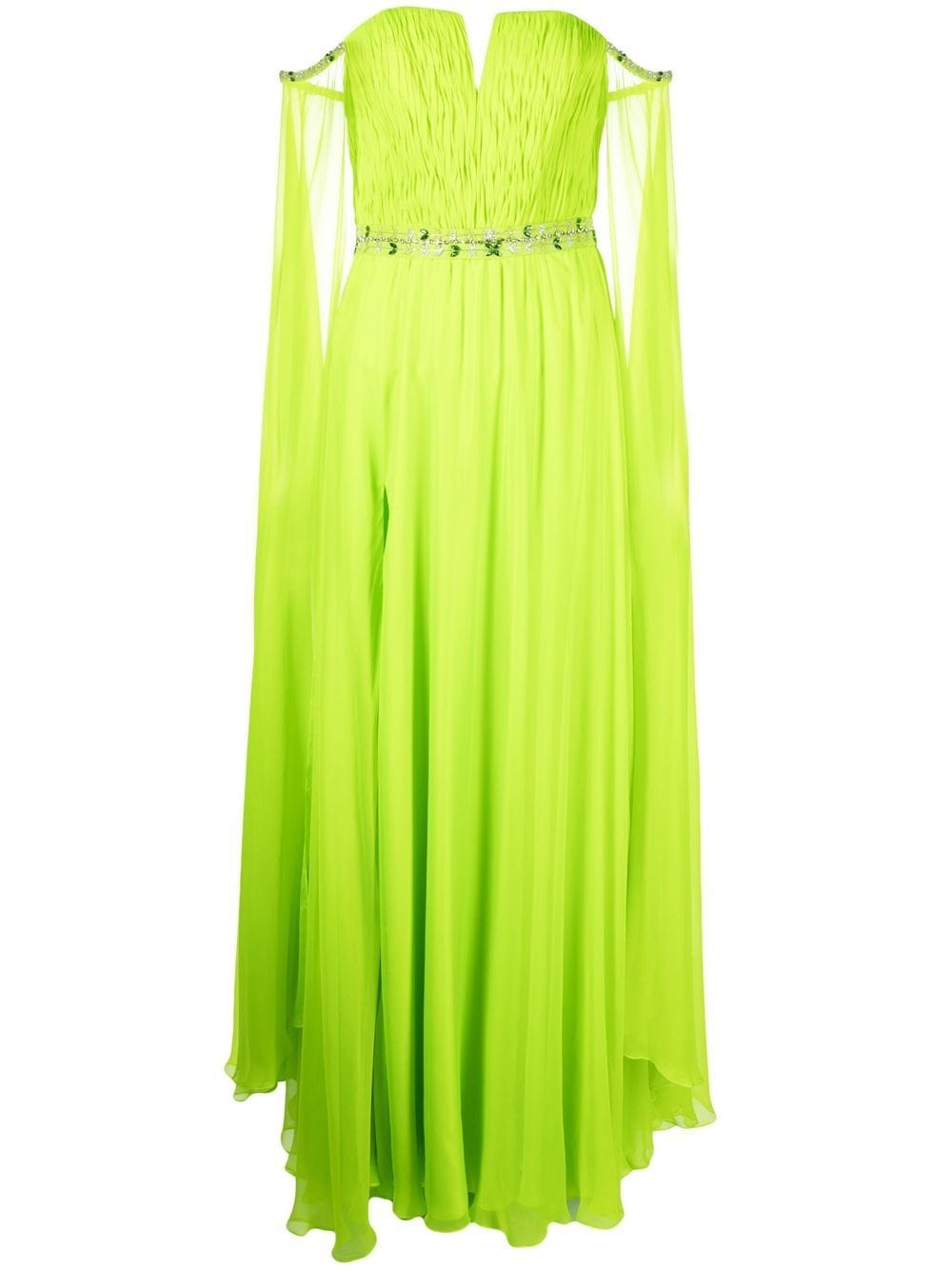 Dina Melwani Draped Off-shoulder Evening Gown In Green