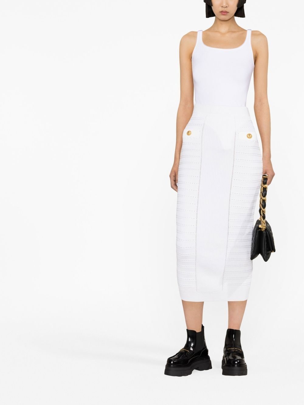 Shop Balmain Ribbed-knit Pencil Skirt In White