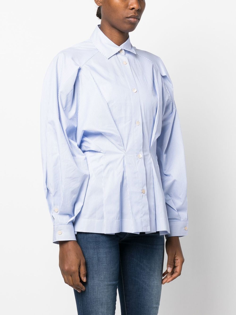 Shop Palmer Harding Gathered-waist Cotton Shirt In Blue