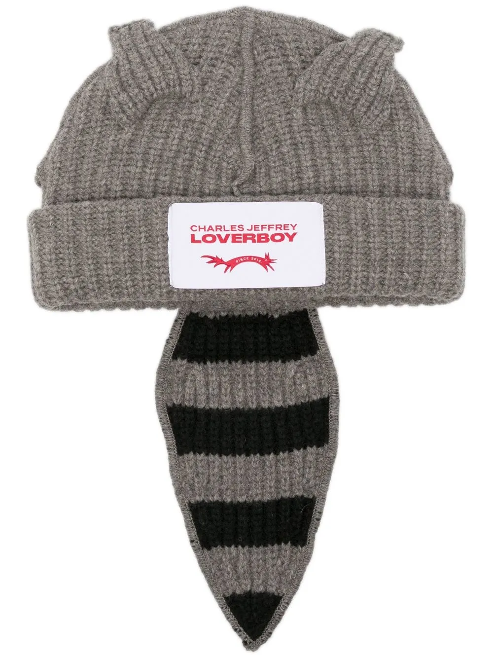 knitted raccoon-tail beanie hat