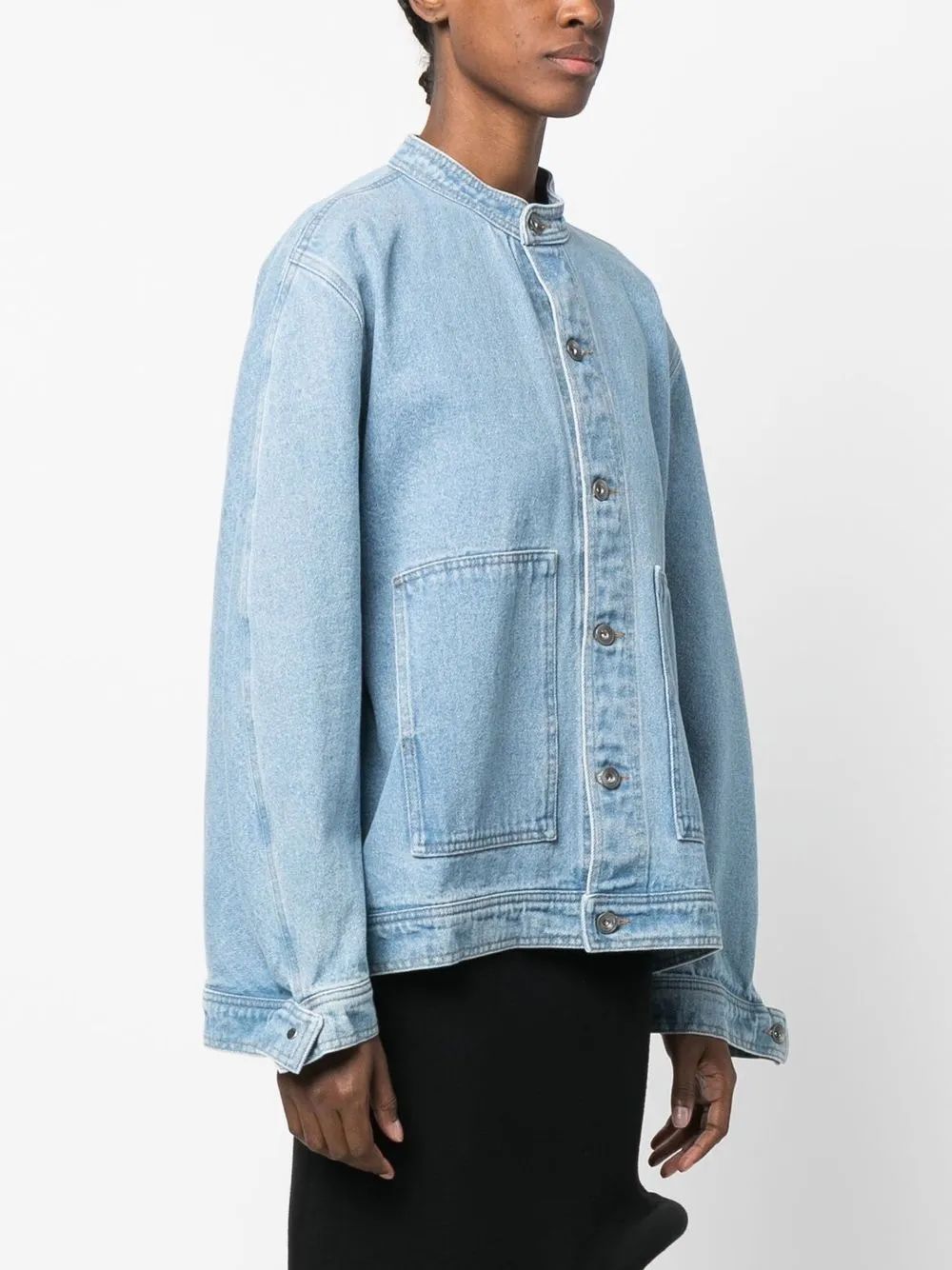 Shop Henrik Vibskov Collarless Button-up Denim Jacket In Blue