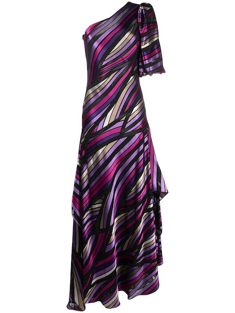 Costarellos stripe-print one-shoulder gown