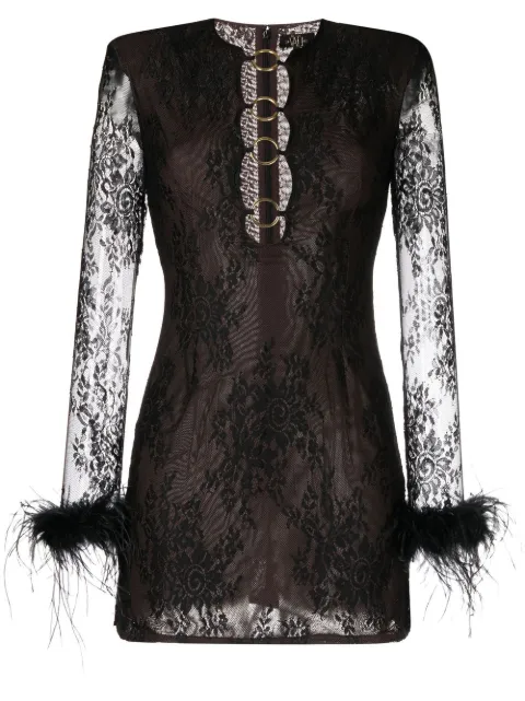 De La Vali feather-cuff sheer-overlay mini dress