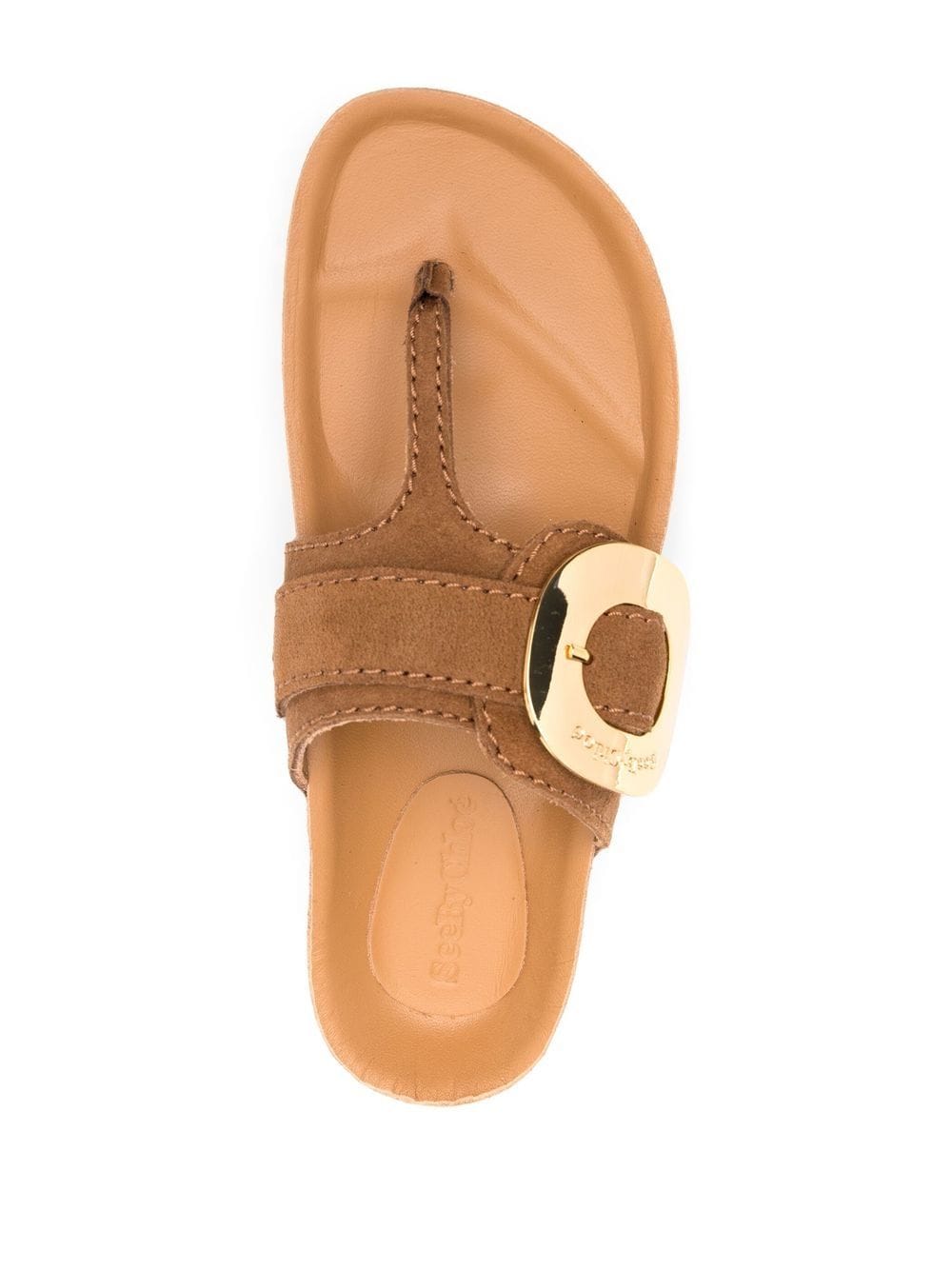 Shop See By Chloé Gold-tone Plaque Suede Slides In Neutrals