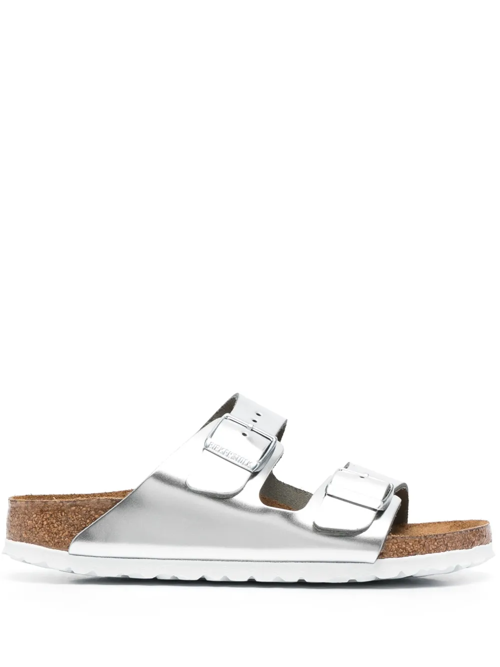 Birkenstock Arizona Double-buckle Metallic Slides In Silver