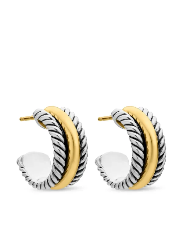 David Yurman 14kt Yellow Gold and Sterling Silver Cable Collectibles Huggie Hoop Earrings (15.6mm)