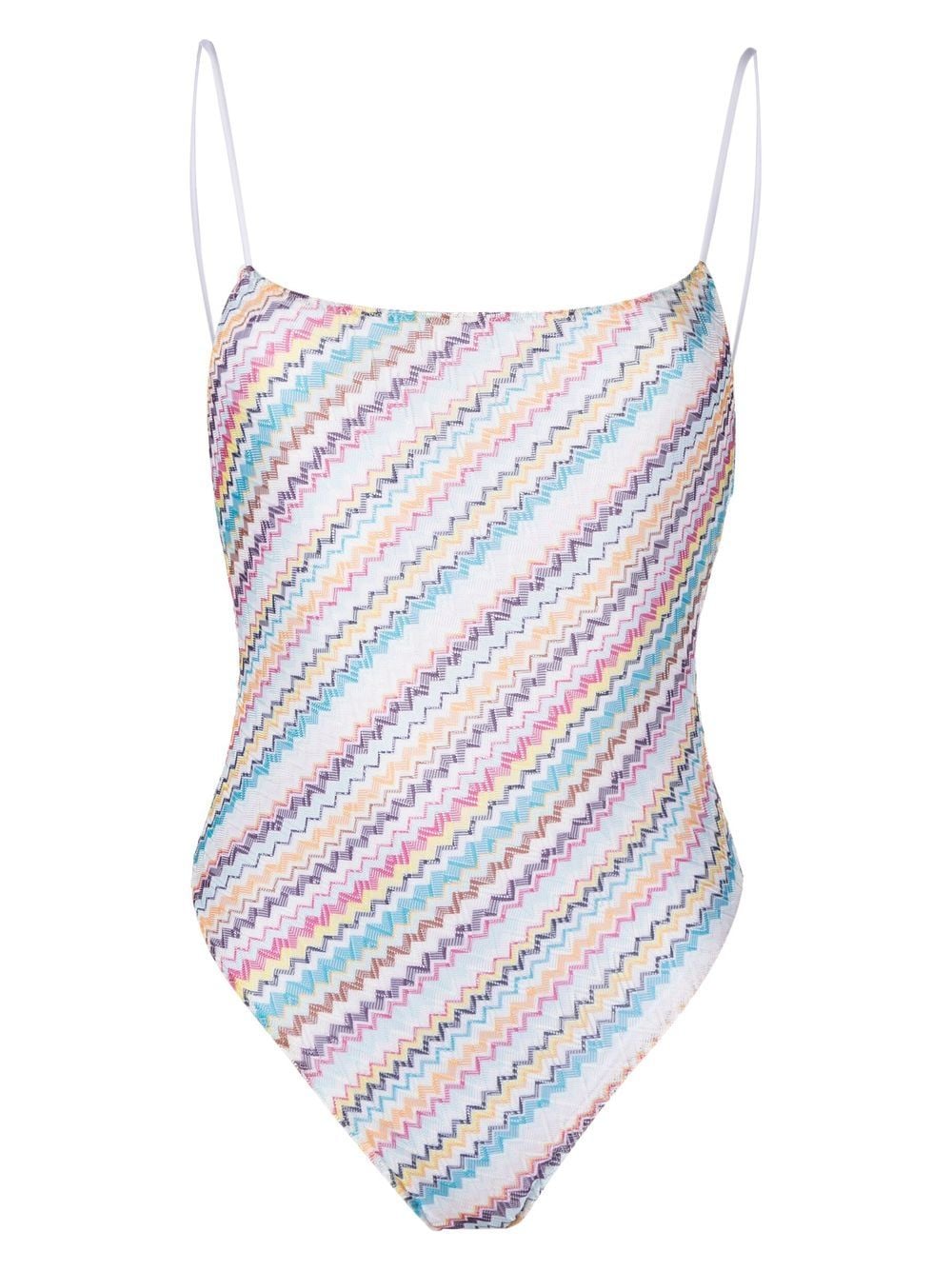 Missoni Zigzag-woven Square-neck Swimsuit In Blue