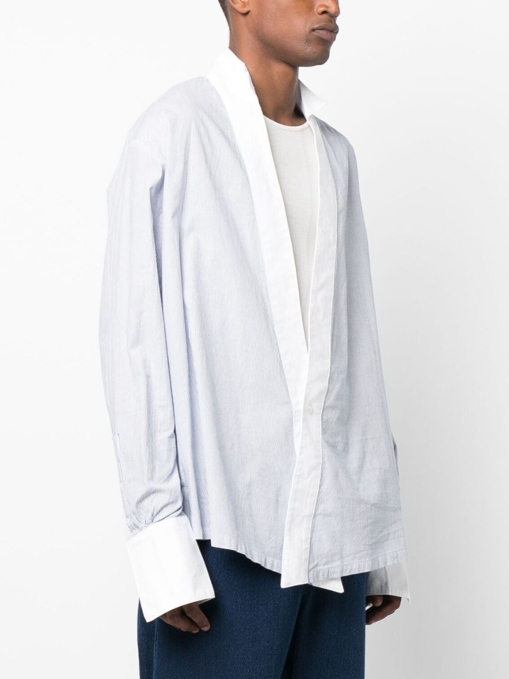 Shop Greg Lauren Pinstripe-print Collarless Shirt In Blue