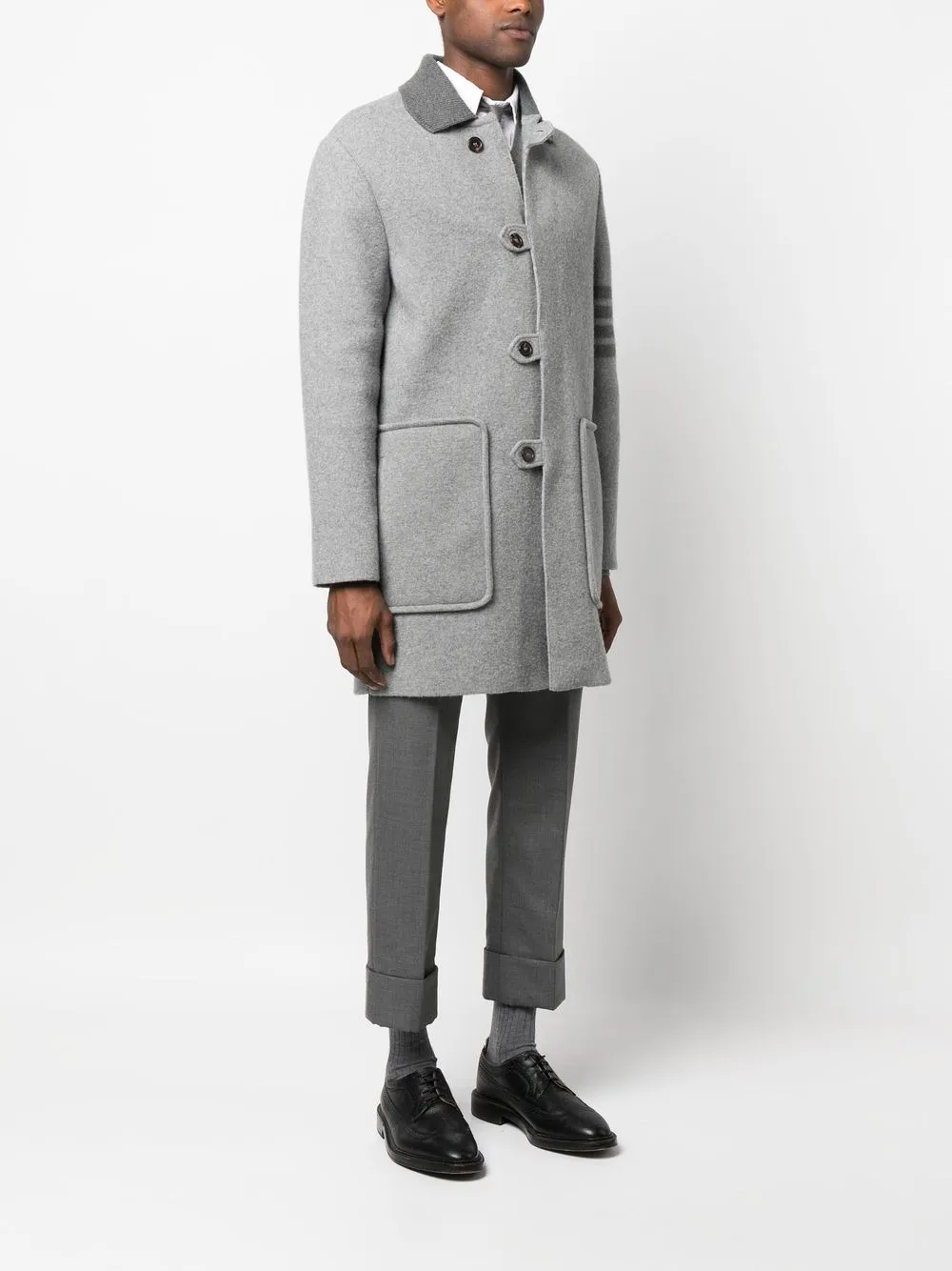 Thom Browne Stripe-trim Detail Single-breasted Coat In Grey