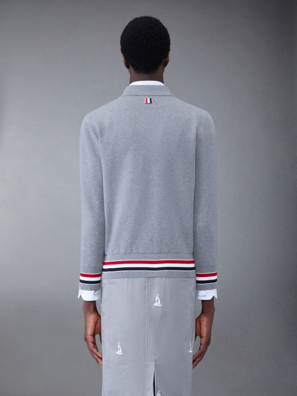Thom Browne Textured Cotton Back Stripe Bomber Jacket In Grey