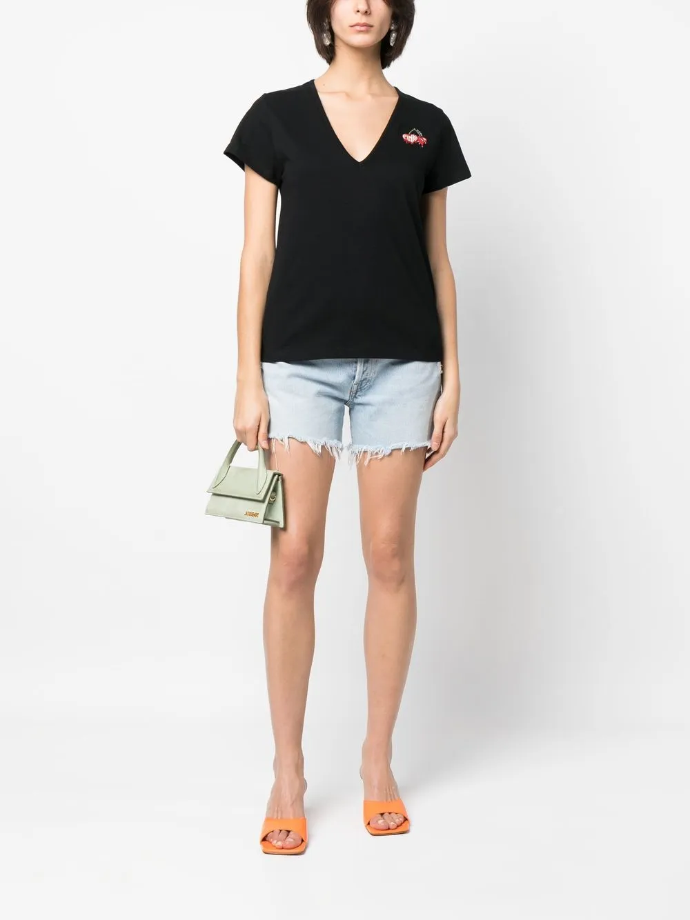 Shop Pinko Logo-embroidered V-neck T-shirt In Black