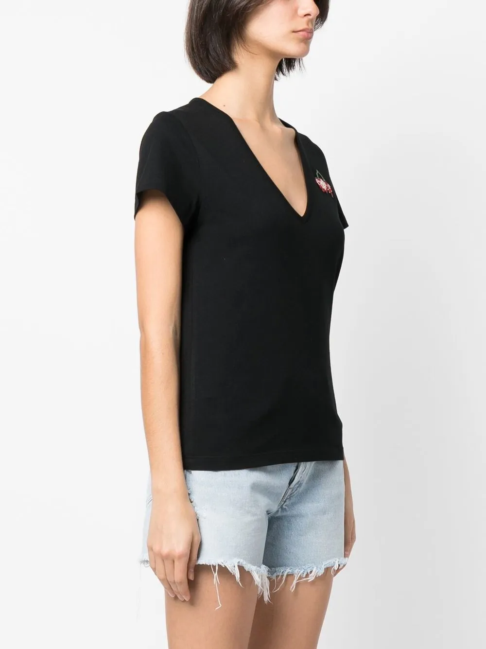 Shop Pinko Logo-embroidered V-neck T-shirt In Black