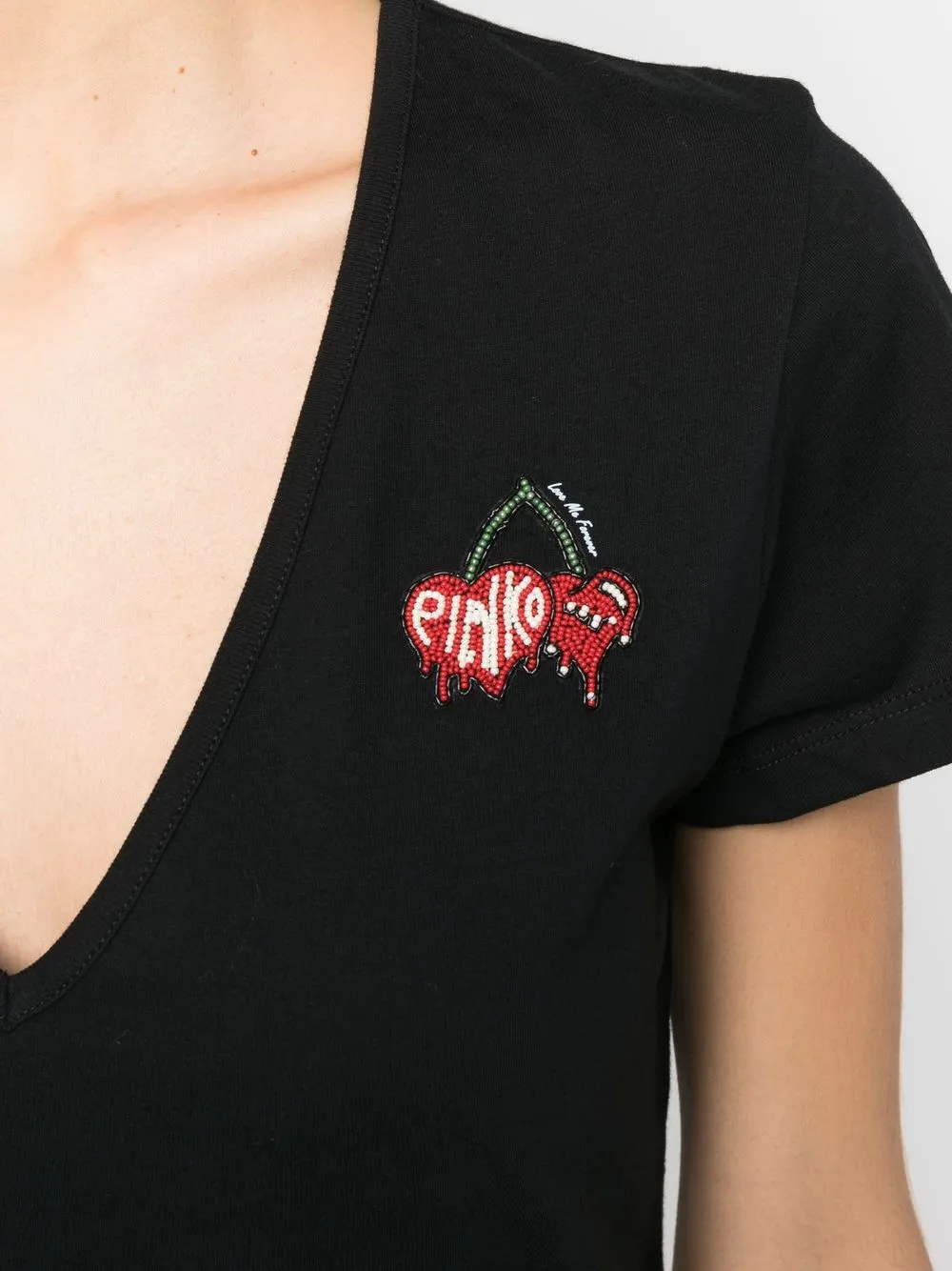 Shop Pinko Logo-embroidered V-neck T-shirt In Black