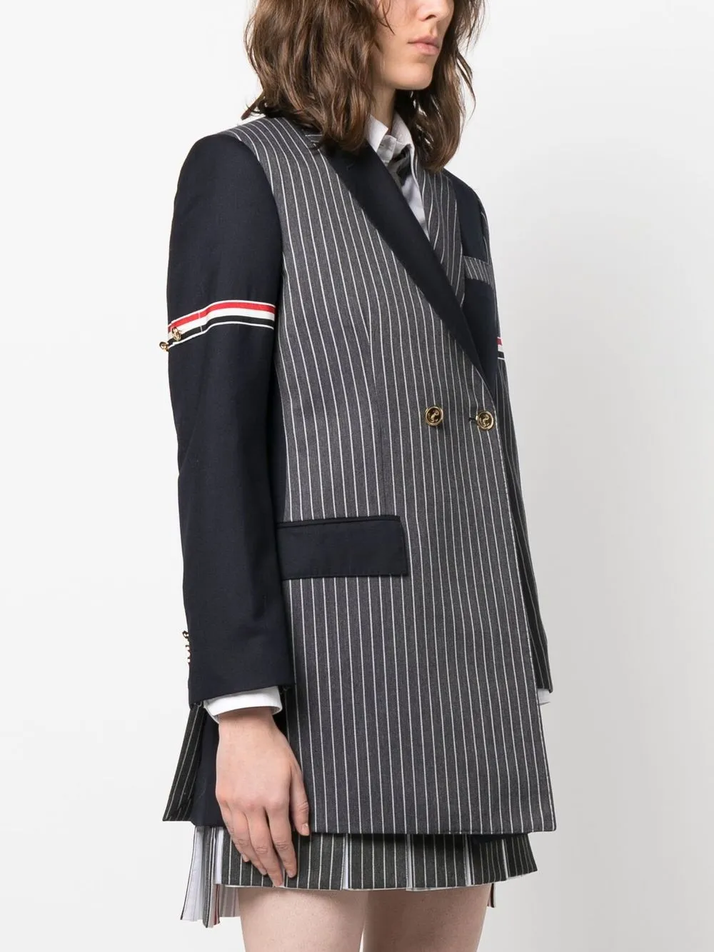 Shop Thom Browne Patchwork Double-breasted Blazer In Blue