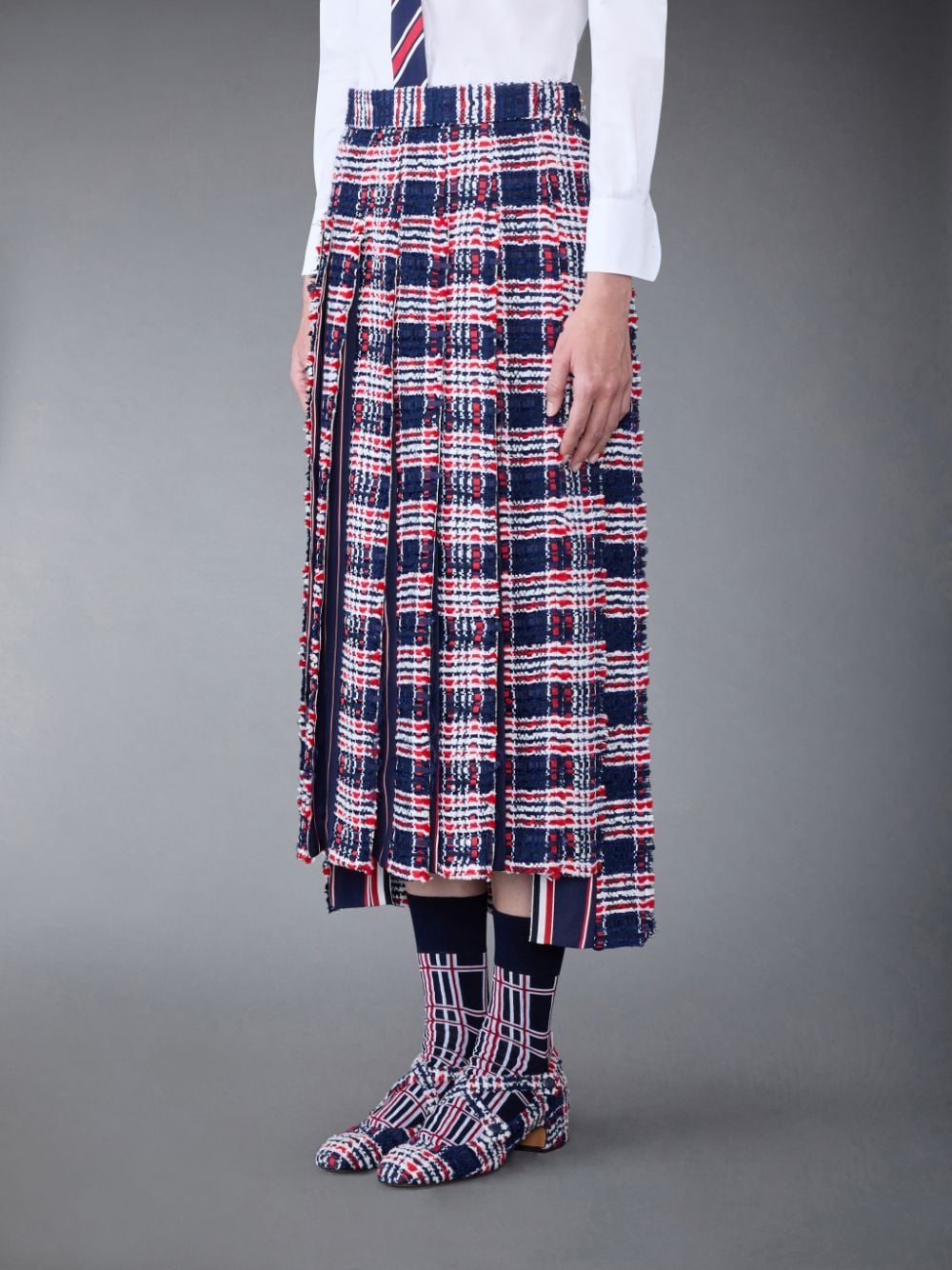 Thom Browne Prince Of Wales Check Frayed Chenille Tweed Pleated Skirt In Blue