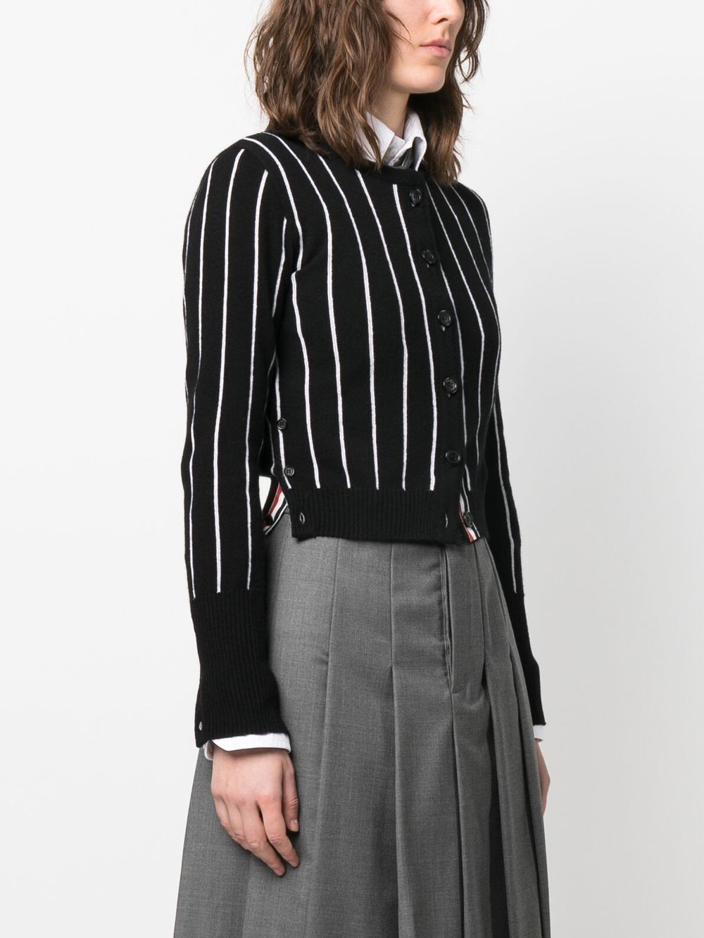 Shop Thom Browne Pinstripe Cropped Crew Neck Cardigan In Black