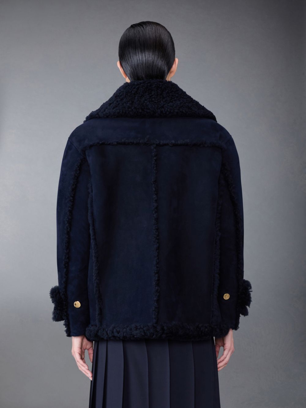 Thom Browne Shearling Pea Coat In Blue