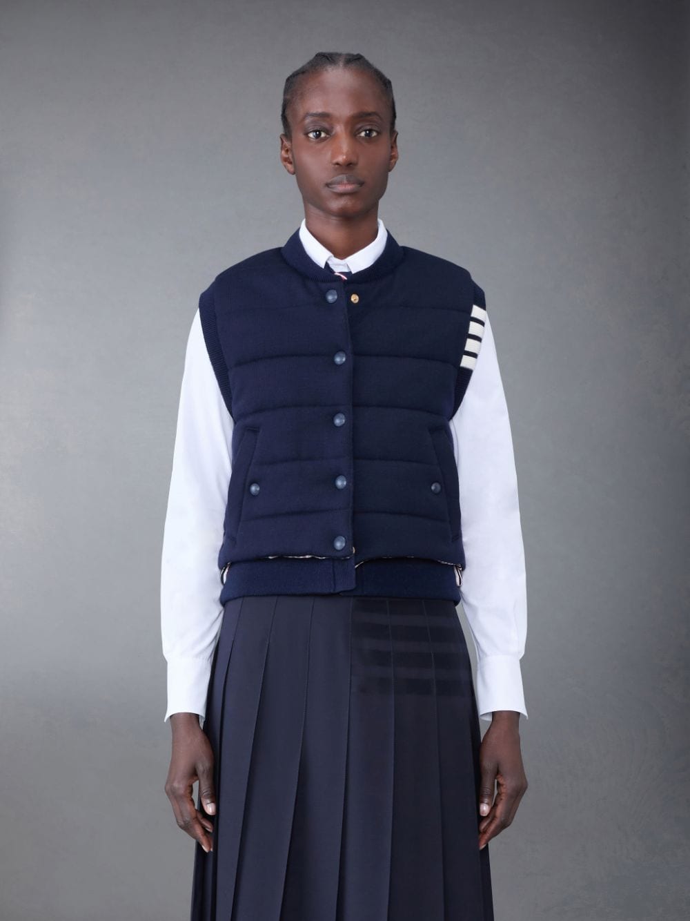 Thom Browne Fine Merino And Jersey Padded Reversible 4-bar Vest In Blue