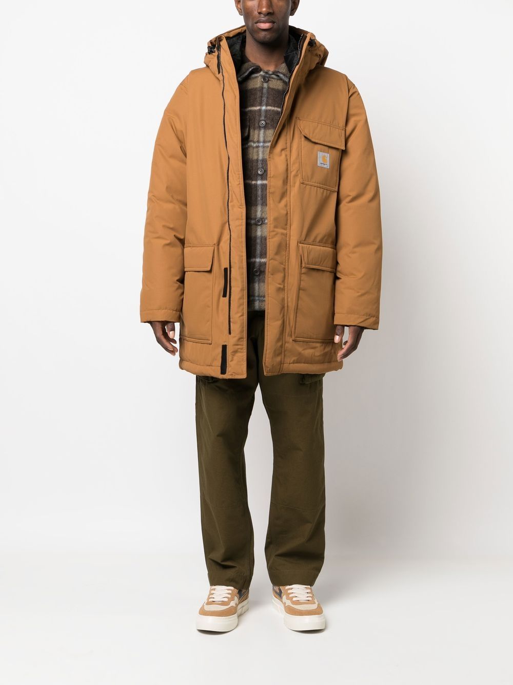 Shop Carhartt Logo-patch Detail Hooded Coat In Brown