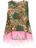 La DoubleJ painterly-print feather-detail top - Green