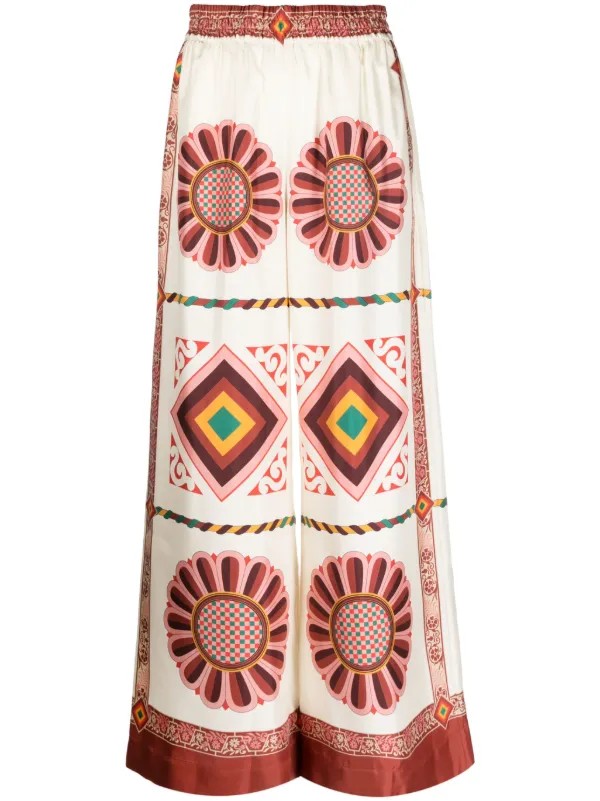 La DoubleJ Tile-print Silk Palazzo Trousers in White