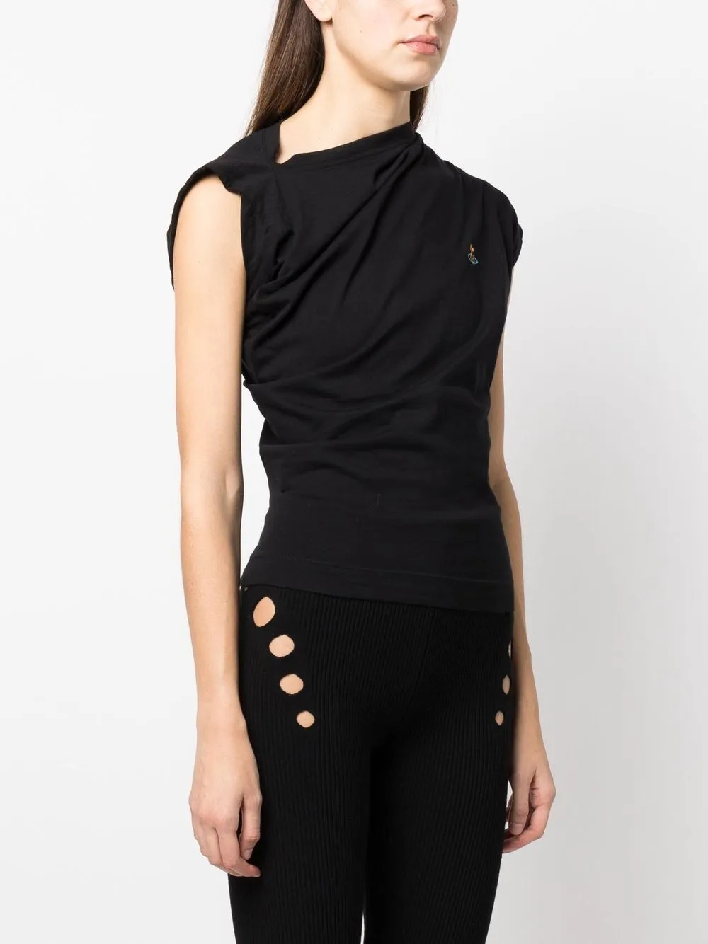 Vivienne Westwood 'hebo' Black T-shirt With Asymmetric Ruched Short Sleeves And Orb Logo On The Front In 黑色