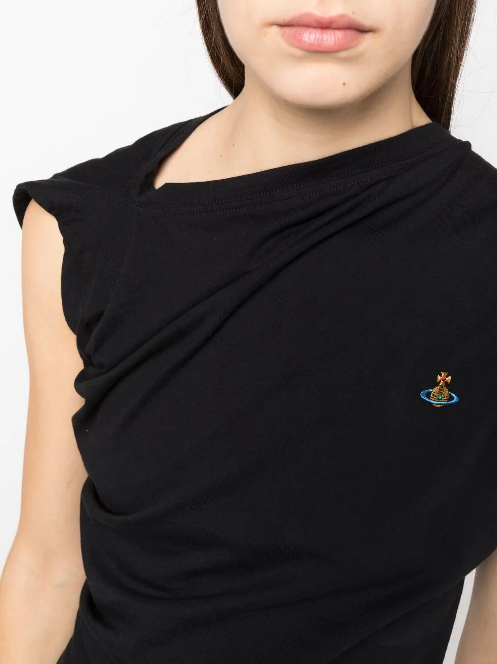 Vivienne Westwood 'hebo' Black T-shirt With Asymmetric Ruched Short Sleeves And Orb Logo On The Front In 黑色