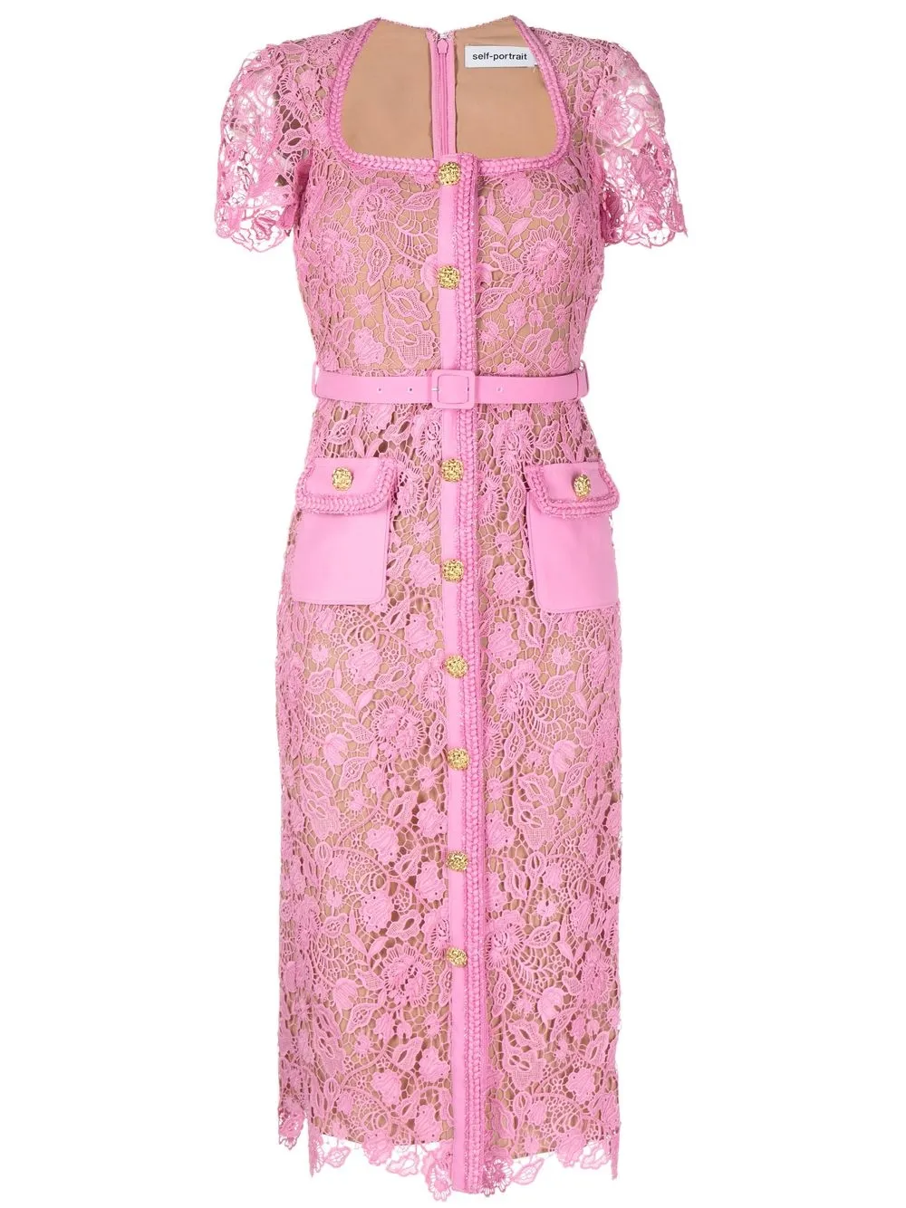 

Self-Portrait square-neck lace midi dress - Pink