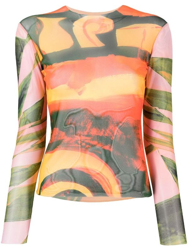 Women's Abstract Printed Sheer Mesh Tops Long Sleeve Graphic
