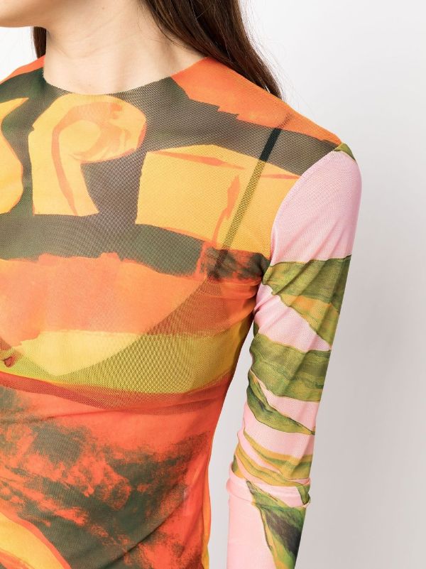 Women's Abstract Printed Sheer Mesh Tops Long Sleeve Graphic